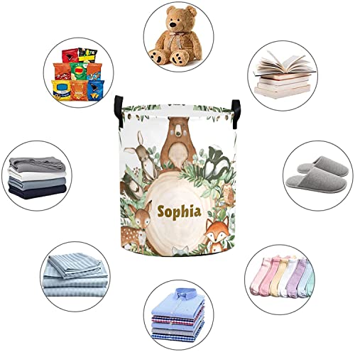 Laundry Basket Forest Bear Custom Name Laundry Bag Hamper Collapsible Oxford Cloth Home Storage Bin with Handles