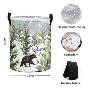 Laundry Basket Forest Bear Custom Name Laundry Bag Hamper Collapsible Oxford Cloth Home Storage Bin with Handles