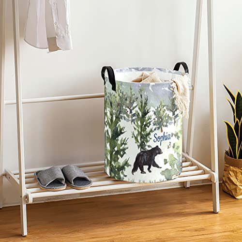 Laundry Basket Forest Bear Custom Name Laundry Bag Hamper Collapsible Oxford Cloth Home Storage Bin with Handles