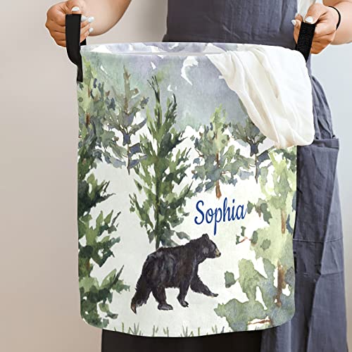 Laundry Basket Forest Bear Custom Name Laundry Bag Hamper Collapsible Oxford Cloth Home Storage Bin with Handles