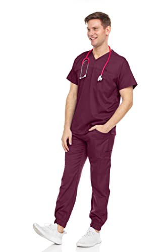 MediChic Men's Workwear Scrubs Stretch V-Neck Scrub Joggers Set with Seven-Pocket Pants Available in 10 Colors Up to Size 3X