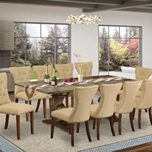 East West Furniture LAGA11-78-03 11 Piece Dining Table Set Includes a Rectangle Dining Room Table with Butterfly Leaf and 10 Brown Linen Fabric Upholstered Chairs, 42x92 Inch, Jacobean