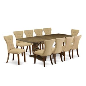 East West Furniture LAGA11-78-03 11 Piece Dining Table Set Includes a Rectangle Dining Room Table with Butterfly Leaf and 10 Brown Linen Fabric Upholstered Chairs, 42x92 Inch, Jacobean