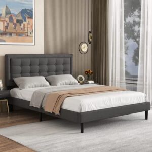 lijimei queen size bed frame with button headboard, platform upholstered in linen fabric,mattress foundation with wooden slats support, easy assembly, no box spring needed, dark gray