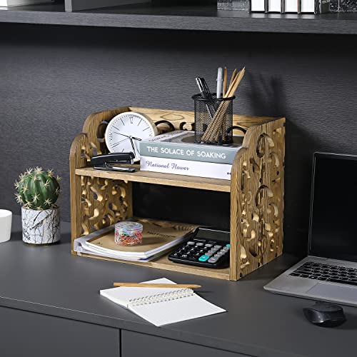 MyGift 2 Tier Dark Brown Solid Wood Desktop Storage Display Shelf with Scrollwork Cutout Design, Study Desk Bookcase for Dorm Room, Office and Home Decor