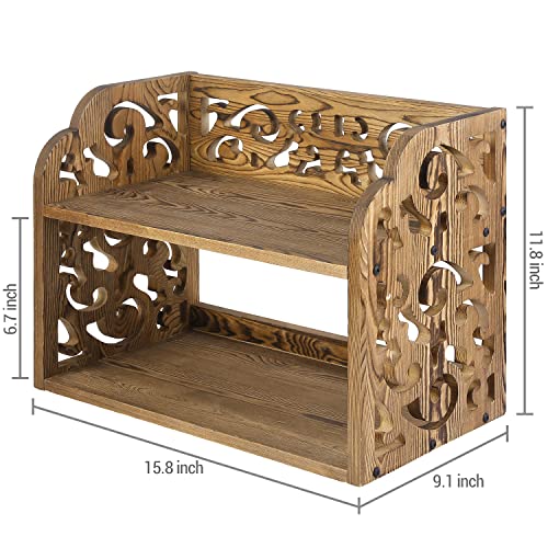 MyGift 2 Tier Dark Brown Solid Wood Desktop Storage Display Shelf with Scrollwork Cutout Design, Study Desk Bookcase for Dorm Room, Office and Home Decor