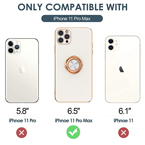 Hython Case for iPhone 11 Pro Max Case with Ring Stand, Plating Rose Gold Edge 360° Rotatable Ring Holder Magnetic Kickstand Cover, Slim Soft TPU Luxury Protective Phone Case, White