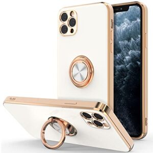 hython case for iphone 11 pro max case with ring stand, plating rose gold edge 360° rotatable ring holder magnetic kickstand cover, slim soft tpu luxury protective phone case, white