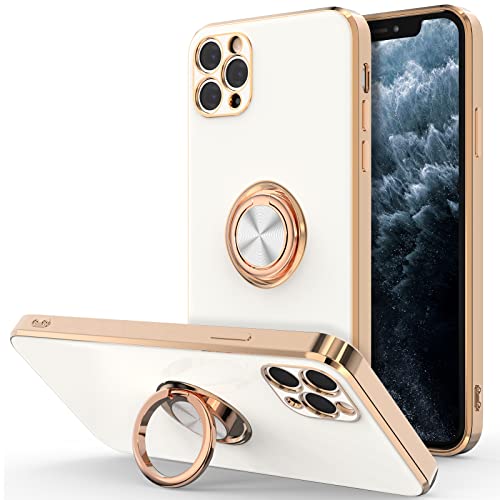 Hython Case for iPhone 11 Pro Max Case with Ring Stand, Plating Rose Gold Edge 360° Rotatable Ring Holder Magnetic Kickstand Cover, Slim Soft TPU Luxury Protective Phone Case, White