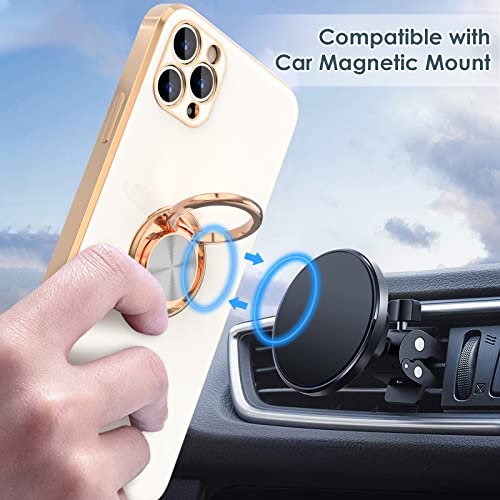 Hython Case for iPhone 11 Pro Max Case with Ring Stand, Plating Rose Gold Edge 360° Rotatable Ring Holder Magnetic Kickstand Cover, Slim Soft TPU Luxury Protective Phone Case, White