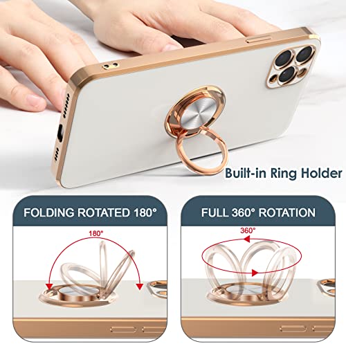 Hython Case for iPhone 11 Pro Max Case with Ring Stand, Plating Rose Gold Edge 360° Rotatable Ring Holder Magnetic Kickstand Cover, Slim Soft TPU Luxury Protective Phone Case, White