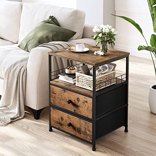 EnHomee Nightstand Set of 2, Bedside Table with Fabric Drawers and Open Wood Shelf Storage, Industrial Bed Side Table, Night Stand for Bedroom, Living Room, Dorm, Easy Assembly and Pull, Rustic Brown