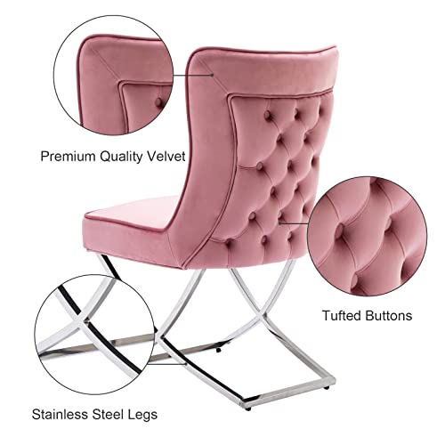 adochr Upgraded Dining Chairs, Modern Luxury Dining Chairs Set of 2, Premium Velvet Chairs, Accent Chairs with Stainless Steel Legs for Dining Living Room, Pink