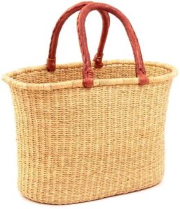 ghana african handmade woven oval picnic shopping baskets (natural with brown handles)