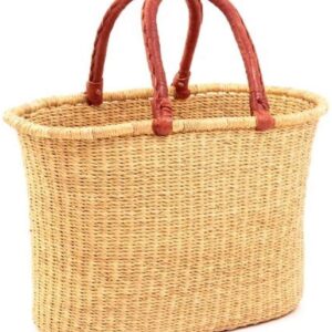 Ghana African Handmade Woven Oval Picnic Shopping Baskets (Natural with Brown Handles)