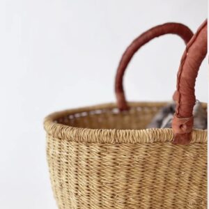 Ghana African Handmade Woven Oval Picnic Shopping Baskets (Natural with Brown Handles)