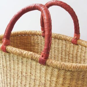 Ghana African Handmade Woven Oval Picnic Shopping Baskets (Natural with Brown Handles)