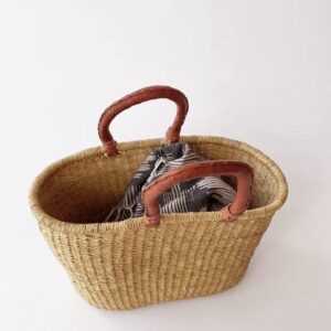 Ghana African Handmade Woven Oval Picnic Shopping Baskets (Natural with Brown Handles)