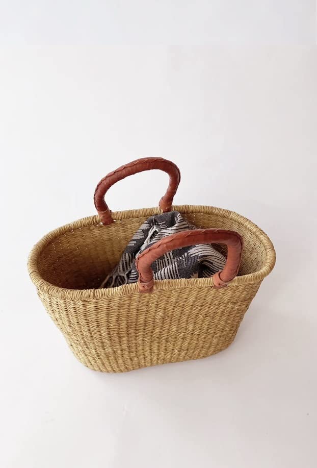 Ghana African Handmade Woven Oval Picnic Shopping Baskets (Natural with Brown Handles)