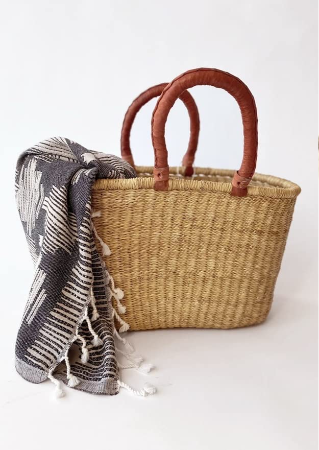 Ghana African Handmade Woven Oval Picnic Shopping Baskets (Natural with Brown Handles)