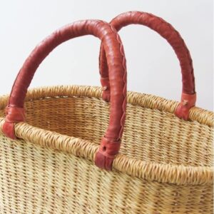 Ghana African Handmade Woven Oval Picnic Shopping Baskets (Natural with Brown Handles)