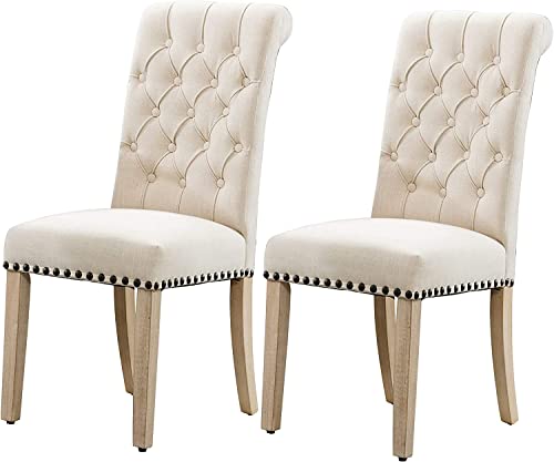 LOULENS Linen Fabric Dining Chairs, Set of 2 Modern Parson Chair, Fashionable Dining Room Chairs with Nailheads Trim, Button Tufting, Solid Wood Legs Living Room Chairs,Beige