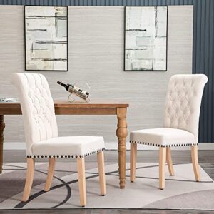 LOULENS Linen Fabric Dining Chairs, Set of 2 Modern Parson Chair, Fashionable Dining Room Chairs with Nailheads Trim, Button Tufting, Solid Wood Legs Living Room Chairs,Beige