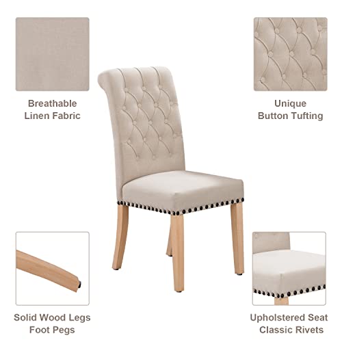 LOULENS Linen Fabric Dining Chairs, Set of 2 Modern Parson Chair, Fashionable Dining Room Chairs with Nailheads Trim, Button Tufting, Solid Wood Legs Living Room Chairs,Beige