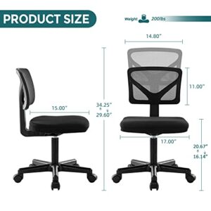 Swivel Computer Office Mesh Desk Chair Armless Small Desk Chair Adjustable Black Computer Task Chair No Armrest Mid Back Home Office Chair for Small Spaces