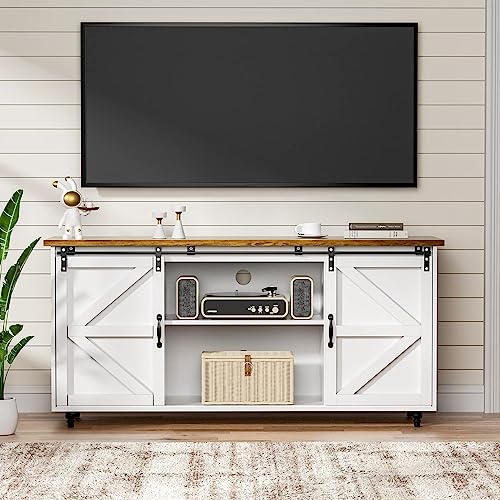 HOMBCK Farmhouse Coffee Bar Cabinet, Sideboard Buffet Cabinet with Storage, White Coffee Bar Kitchen Storage Cabinet with Sliding Barn Doors, Sideboard Cabinet for Living Room, Entryway, White