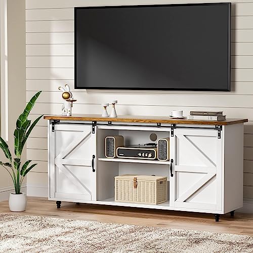 HOMBCK Farmhouse Coffee Bar Cabinet, Sideboard Buffet Cabinet with Storage, White Coffee Bar Kitchen Storage Cabinet with Sliding Barn Doors, Sideboard Cabinet for Living Room, Entryway, White