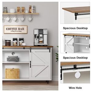 HOMBCK Farmhouse Coffee Bar Cabinet, Sideboard Buffet Cabinet with Storage, White Coffee Bar Kitchen Storage Cabinet with Sliding Barn Doors, Sideboard Cabinet for Living Room, Entryway, White