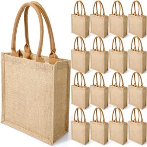 16 pcs burlap tote bags with handles and laminated interior reusable blank bridesmaid gift bags grocery beach bag for shopping wedding party embroidery diy art crafts, 11 x 9.4 x 4 inches khaki