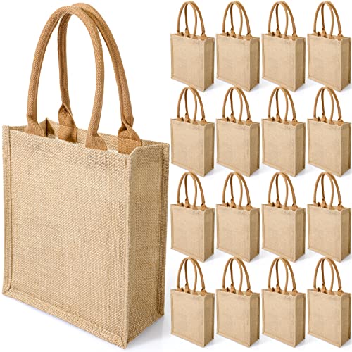 16 Pcs Burlap Tote Bags with Handles and Laminated Interior Reusable Blank Bridesmaid Gift Bags Grocery Beach Bag for Shopping Wedding Party Embroidery DIY Art Crafts, 11 x 9.4 x 4 Inches Khaki