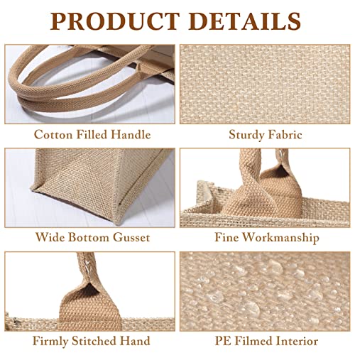 16 Pcs Burlap Tote Bags with Handles and Laminated Interior Reusable Blank Bridesmaid Gift Bags Grocery Beach Bag for Shopping Wedding Party Embroidery DIY Art Crafts, 11 x 9.4 x 4 Inches Khaki