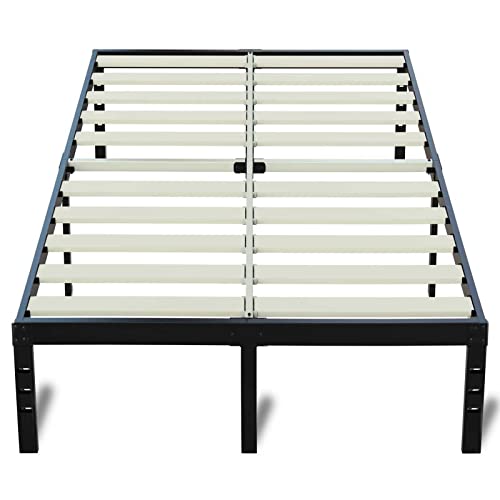 ONEMO King Size Bed Frame 18 Inch Height 3000lbs Heavy Duty Metal Pipe Platform Solid Wood Slats No Box Spring Needed Easy to Assemble Noise Free-Black