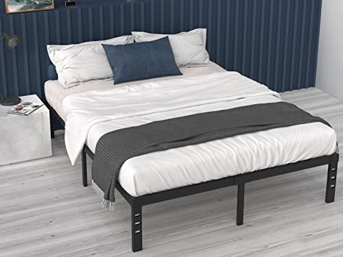 ONEMO King Size Bed Frame 18 Inch Height 3000lbs Heavy Duty Metal Pipe Platform Solid Wood Slats No Box Spring Needed Easy to Assemble Noise Free-Black