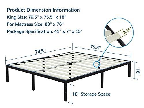 ONEMO King Size Bed Frame 18 Inch Height 3000lbs Heavy Duty Metal Pipe Platform Solid Wood Slats No Box Spring Needed Easy to Assemble Noise Free-Black