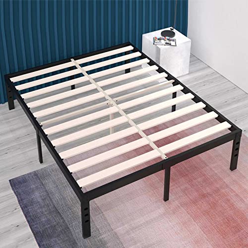 ONEMO King Size Bed Frame 18 Inch Height 3000lbs Heavy Duty Metal Pipe Platform Solid Wood Slats No Box Spring Needed Easy to Assemble Noise Free-Black