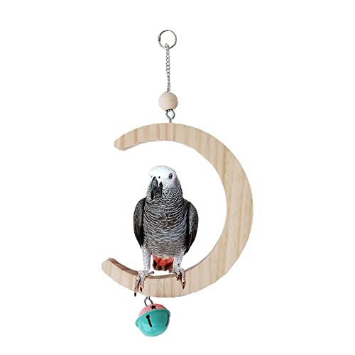 Bird Perch Stand Parrot Rope Moon Shape Swing Hanging Toy,Solid Wood Parakeet Perch Swing Toys&Bird Platform Parrot Stand Playground，Foraging for Parakeets Cockatiels,Conures,Macaws (Large)