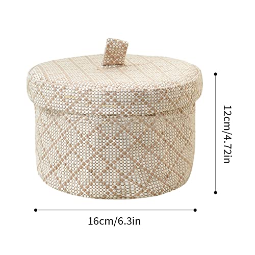 Round Baskets with Lid, Decorative Linen Lidded Storage Baskets, Small Woven Basket for Organizing, 6.3 x 4.72 Inch