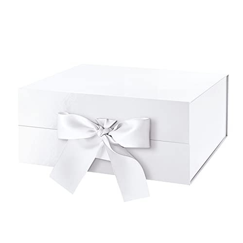 HAPPY POTATO Gift Box with Ribbon 9x6.5x3.8 Inches, White Gift Box with Lid and Ribbon, Bridesmaid Proposal Box, Magnetic Gift Box for presents (Glossy White)