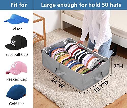 AOODA Large Hat Storage Box for Baseball Caps Organizer, Holds Up to 50 Caps Wide Hat Organizer for Closet with Cardboard, Under Bed Hat Holder, Grey