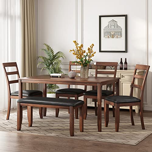 P PURLOVE 6 Piece Dining Table Set, Wood Rectangular Kitchen Table and 4 Dining Chairs and 1 Bench, PU Cushion, Family Furniture for 6 Persons, Walnut