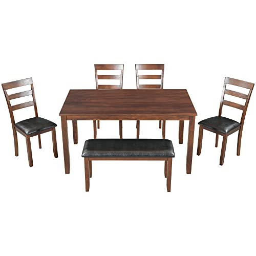 P PURLOVE 6 Piece Dining Table Set, Wood Rectangular Kitchen Table and 4 Dining Chairs and 1 Bench, PU Cushion, Family Furniture for 6 Persons, Walnut