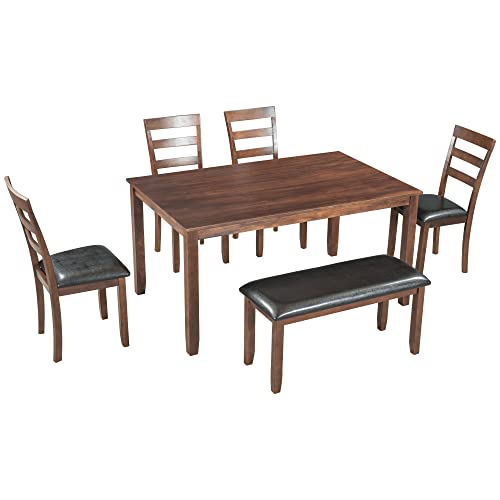 P PURLOVE 6 Piece Dining Table Set, Wood Rectangular Kitchen Table and 4 Dining Chairs and 1 Bench, PU Cushion, Family Furniture for 6 Persons, Walnut