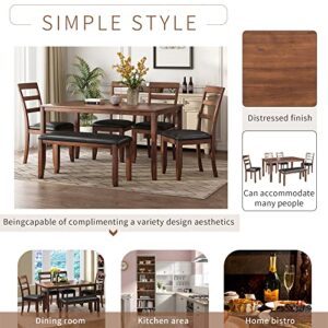 P PURLOVE 6 Piece Dining Table Set, Wood Rectangular Kitchen Table and 4 Dining Chairs and 1 Bench, PU Cushion, Family Furniture for 6 Persons, Walnut