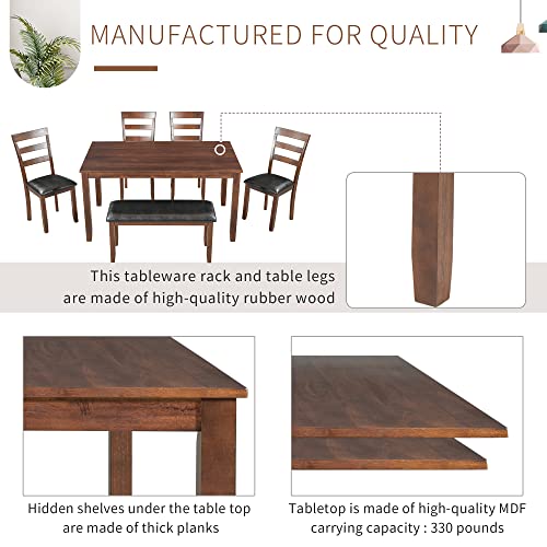 P PURLOVE 6 Piece Dining Table Set, Wood Rectangular Kitchen Table and 4 Dining Chairs and 1 Bench, PU Cushion, Family Furniture for 6 Persons, Walnut