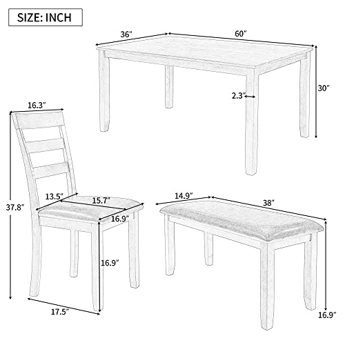 P PURLOVE 6 Piece Dining Table Set, Wood Rectangular Kitchen Table and 4 Dining Chairs and 1 Bench, PU Cushion, Family Furniture for 6 Persons, Walnut