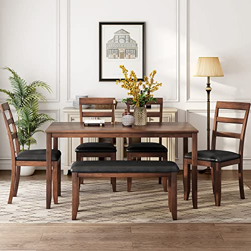 P PURLOVE 6 Piece Dining Table Set, Wood Rectangular Kitchen Table and 4 Dining Chairs and 1 Bench, PU Cushion, Family Furniture for 6 Persons, Walnut